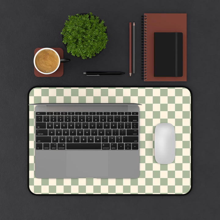 sage desk mat, green desk pad, checkered mat, office decor, home office mat, desk accessory, eco-friendly mat, geometric mat, desk mat green, pattern desk pad, work from home, minimal desk mat, trendy desk mat