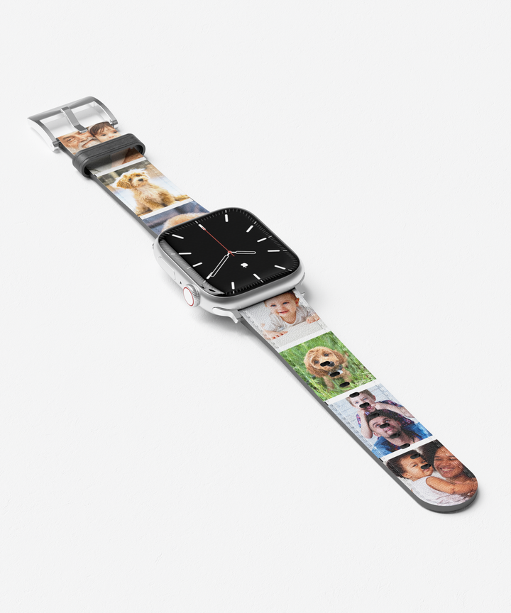 Personalized Apple Watch band featuring custom photo collage printed on premium vegan leather with family, pet, travel, and couple photos, compatible with Apple Watch Series 1–10, SE, and Ultra.