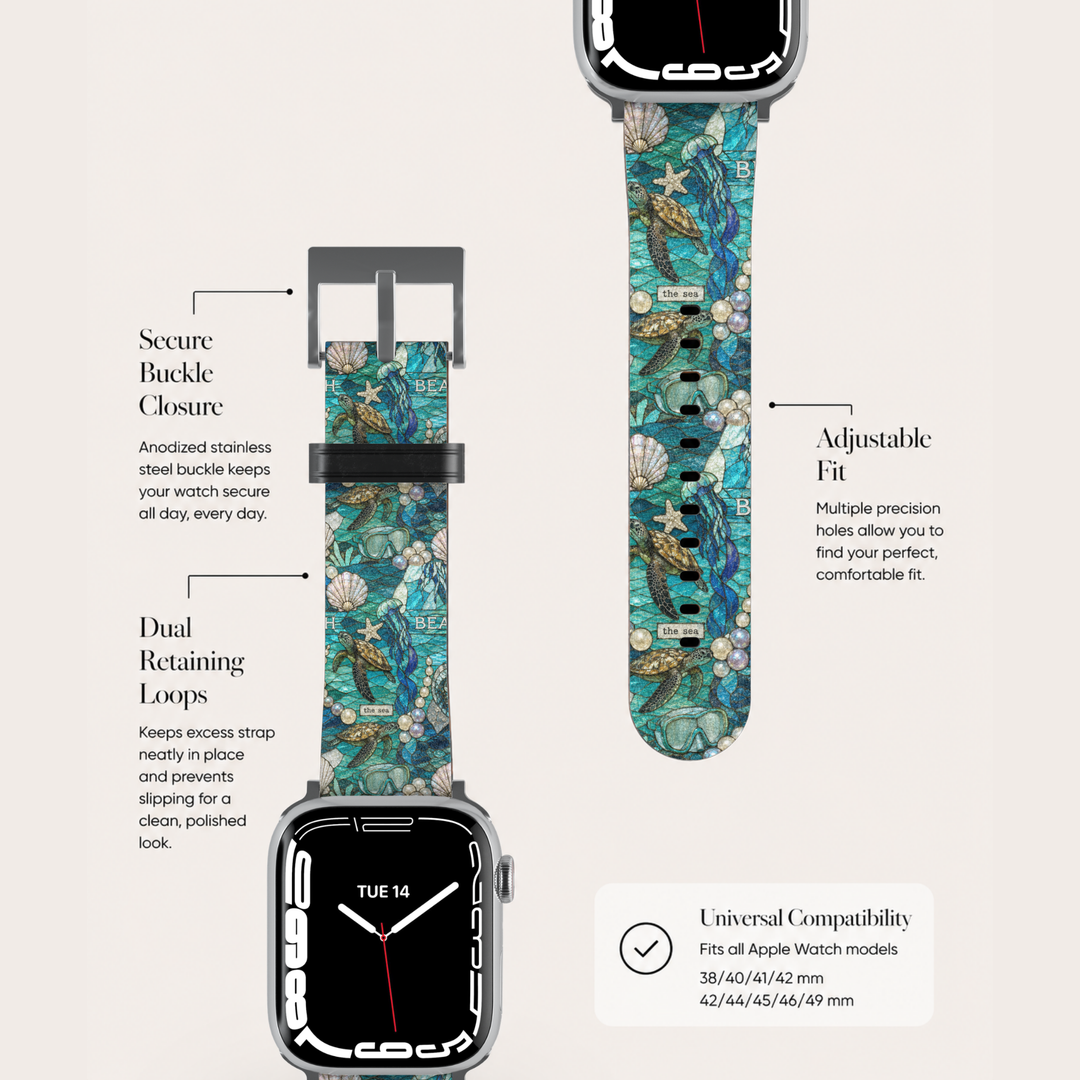Coastal Mosaic Apple Watch band featuring stained-glass inspired sea turtles, seashells, pearls, and ocean artwork printed on premium vegan leather with stainless steel hardware. Compatible with Apple Watch Series 1–10, SE, Ultra, and Ultra 2.