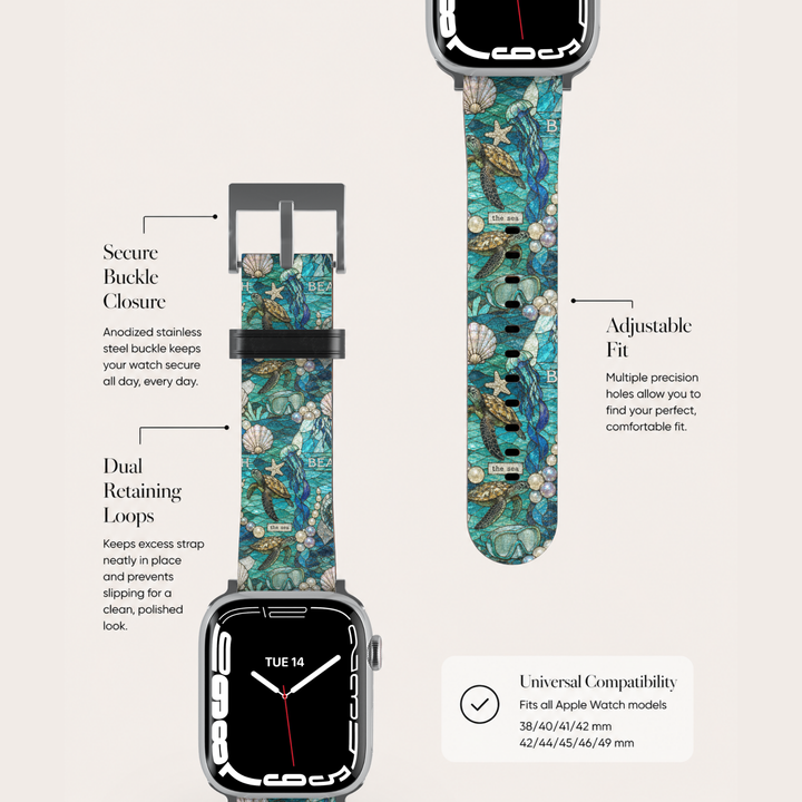Coastal Mosaic Apple Watch band featuring stained-glass inspired sea turtles, seashells, pearls, and ocean artwork printed on premium vegan leather with stainless steel hardware. Compatible with Apple Watch Series 1–10, SE, Ultra, and Ultra 2.