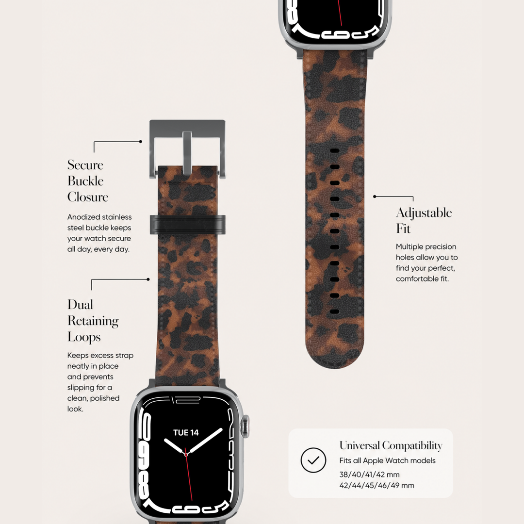 Savannah Luxe Leopard Vegan Leather Apple Watch Band with premium stainless steel buckle and soft faux suede lining compatible with Apple Watch Ultra, SE and Series 1 through 10.