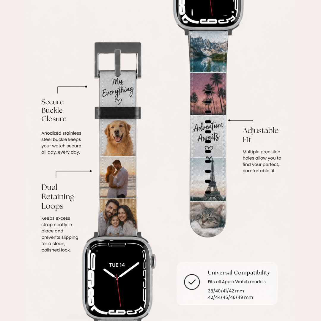 Personalized Apple Watch band featuring custom photo collage printed on premium vegan leather with family, pet, travel, and couple photos, compatible with Apple Watch Series 1–10, SE, and Ultra.
