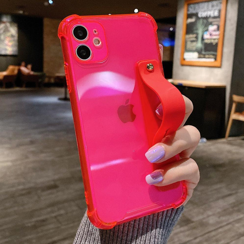 iPhone Case Clear Bumper Wrist Strap - Neon Pink - CASELIX