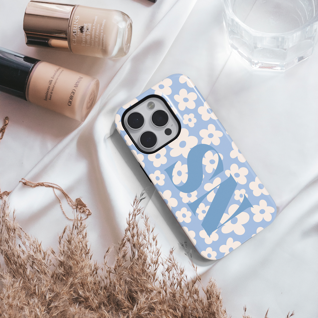 Pastel Blue Floral iPhone Case with Custom Monogram – MagSafe iPhone 16 Pro Max Case for Girls and Women