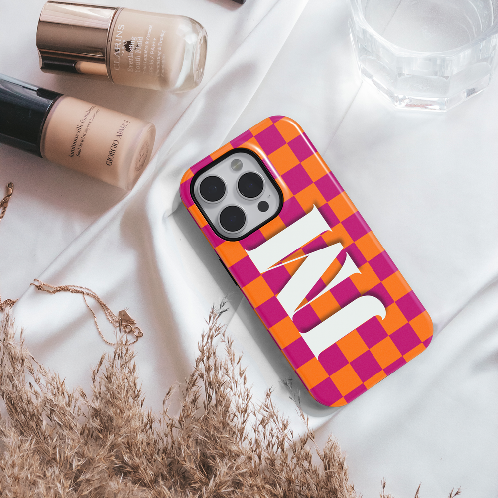 Magenta and Orange Checkered iPhone Case with White Monogram – MagSafe Compatible iPhone 16 Pro Max Case for Women