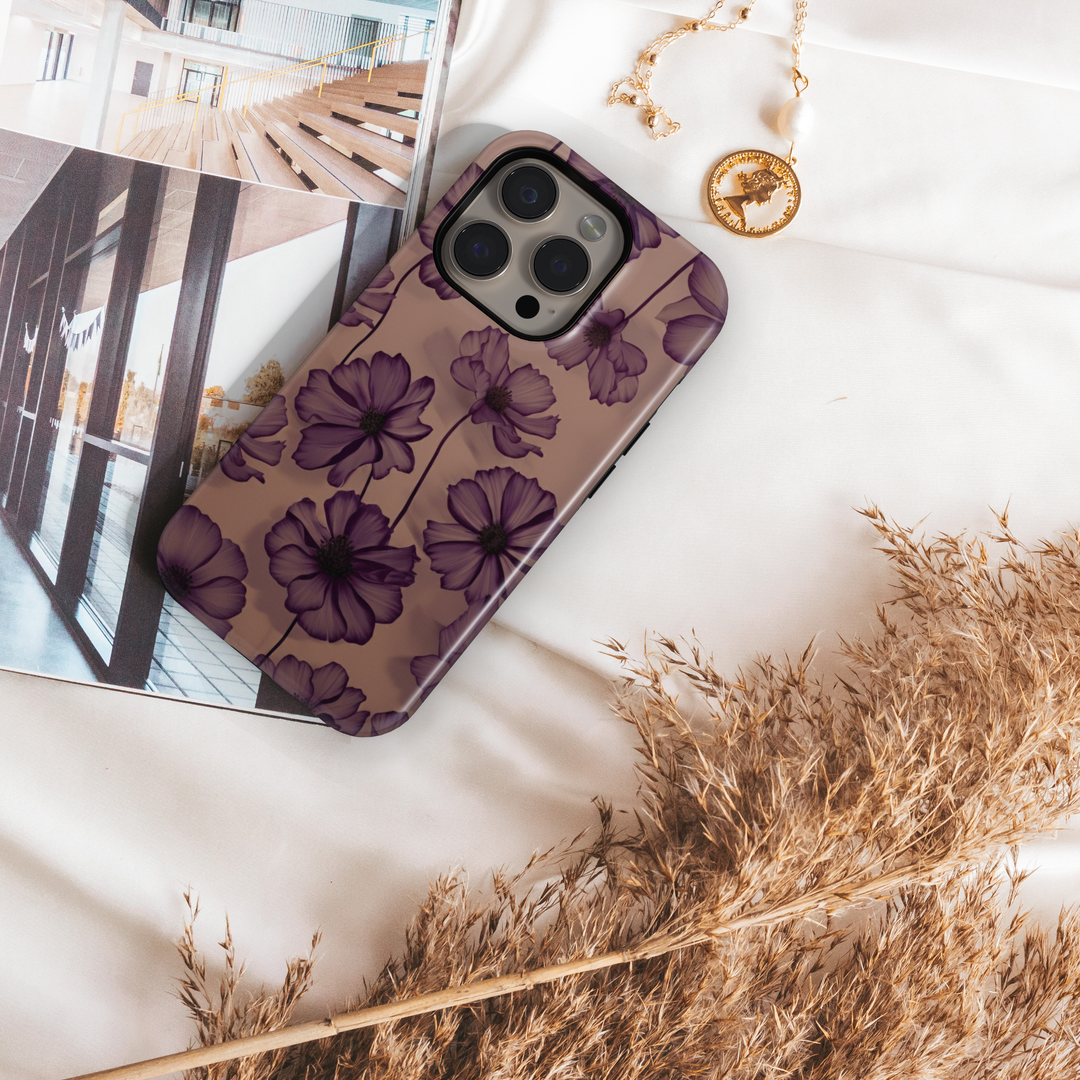 Transparent purple floral phone case with soft violet petals on a nude background, aesthetic botanical design for iPhone and Samsung