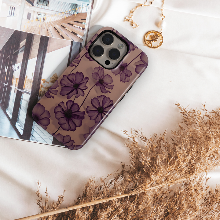 Transparent purple floral phone case with soft violet petals on a nude background, aesthetic botanical design for iPhone and Samsung