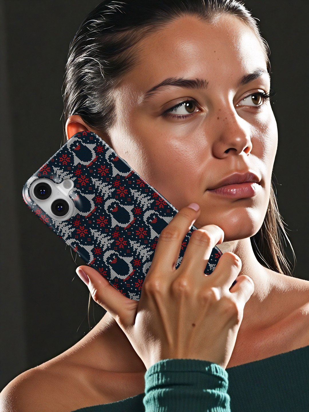 Navy blue Christmas phone case with white knitted penguins, red snowflakes, and winter trees sweater pattern