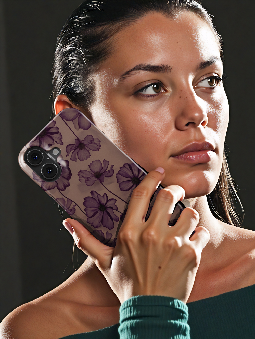 Transparent purple floral phone case with soft violet petals on a nude background, aesthetic botanical design for iPhone and Samsung