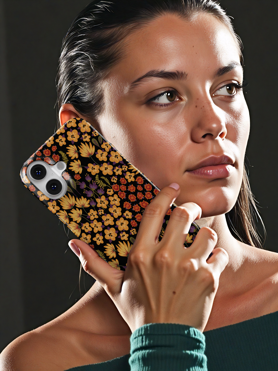 Autumn floral phone case with yellow, orange, and purple flowers on black background, fall aesthetic design