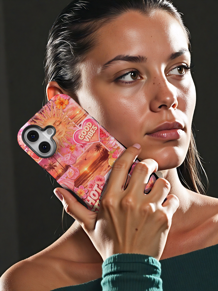 Pink sunset beach collage phone case with tropical flowers, palm trees, and summer aesthetic for iPhone 17 Pro Max and Samsung Galaxy S26 Ultra.