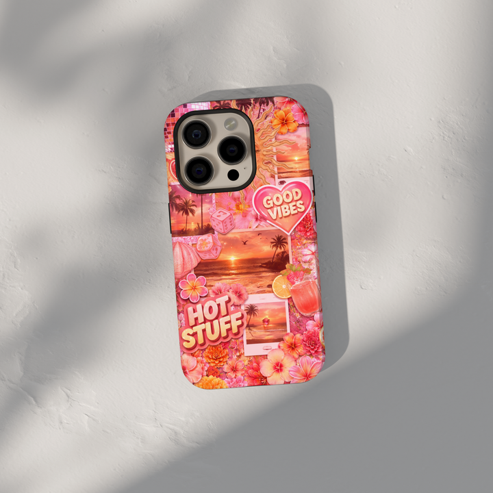 Pink sunset beach collage phone case with tropical flowers, palm trees, and summer aesthetic for iPhone 17 Pro Max and Samsung Galaxy S26 Ultra.