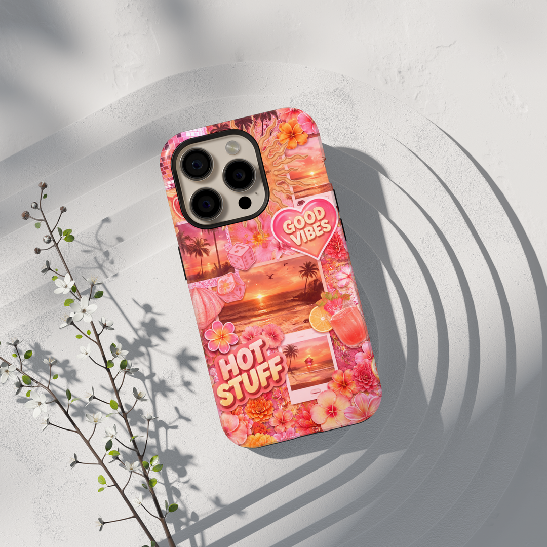 Pink sunset beach collage phone case with tropical flowers, palm trees, and summer aesthetic for iPhone 17 Pro Max and Samsung Galaxy S26 Ultra.