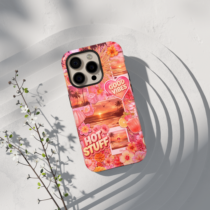 Pink sunset beach collage phone case with tropical flowers, palm trees, and summer aesthetic for iPhone 17 Pro Max and Samsung Galaxy S26 Ultra.