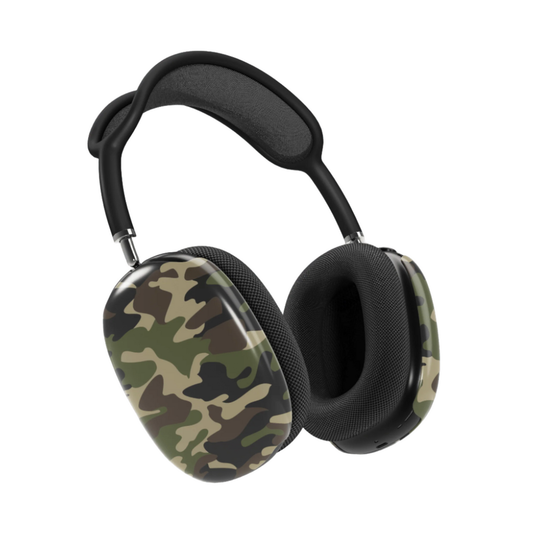 Green and brown camouflage AirPods Max cover, rugged military-style headphone skin for Apple AirPods Max, tactical and outdoorsy tech accessory.