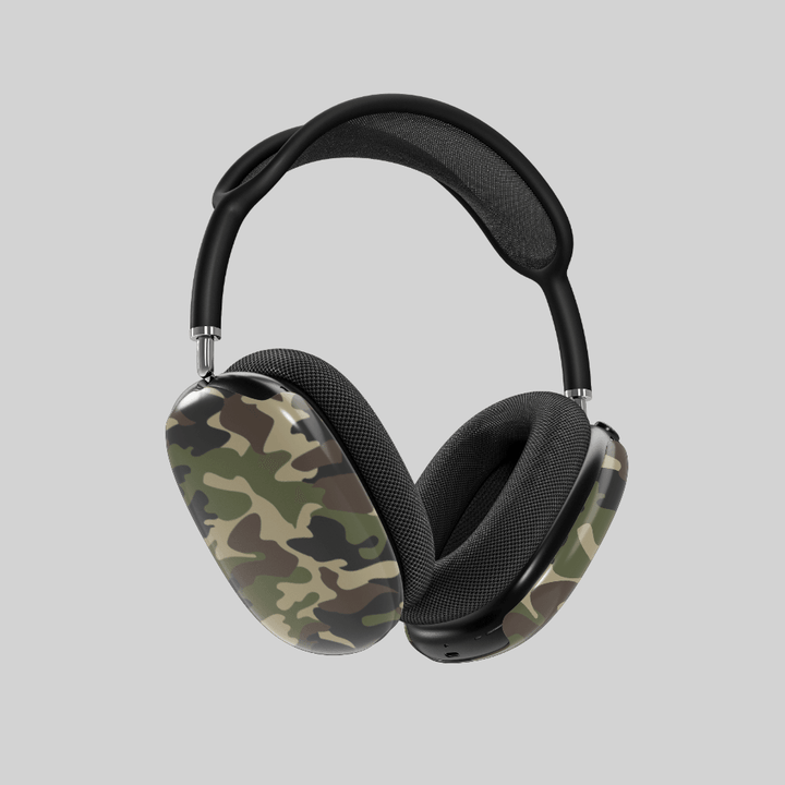 Green and brown camouflage AirPods Max cover, rugged military-style headphone skin for Apple AirPods Max, tactical and outdoorsy tech accessory.