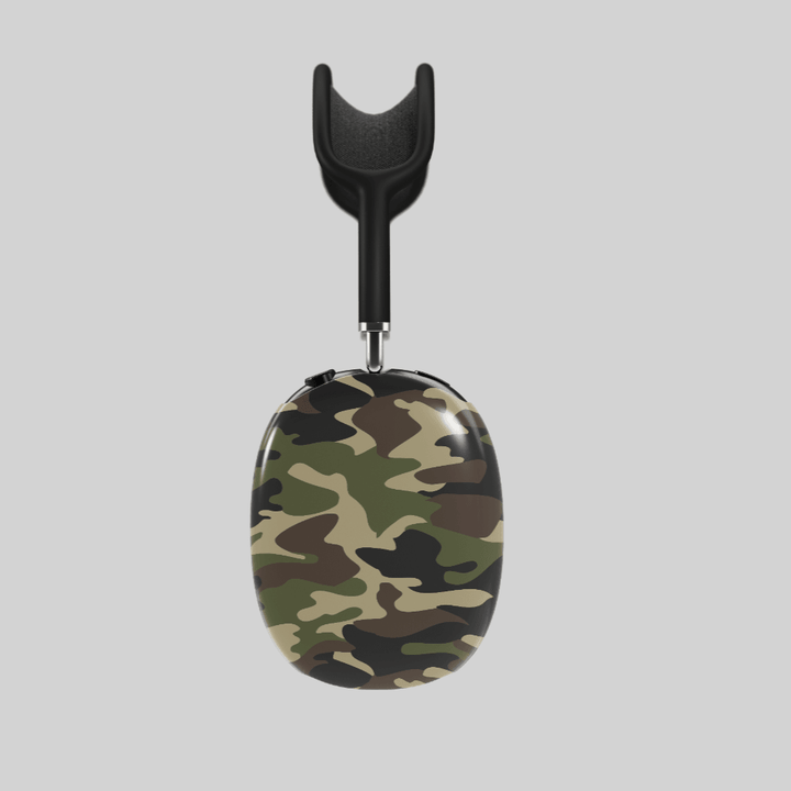 Green and brown camouflage AirPods Max cover, rugged military-style headphone skin for Apple AirPods Max, tactical and outdoorsy tech accessory.