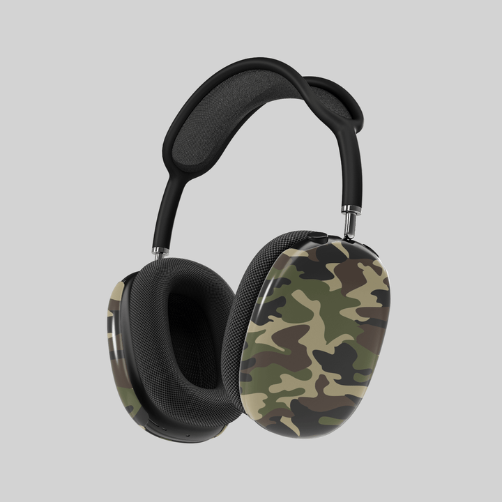 Green and brown camouflage AirPods Max cover, rugged military-style headphone skin for Apple AirPods Max, tactical and outdoorsy tech accessory.