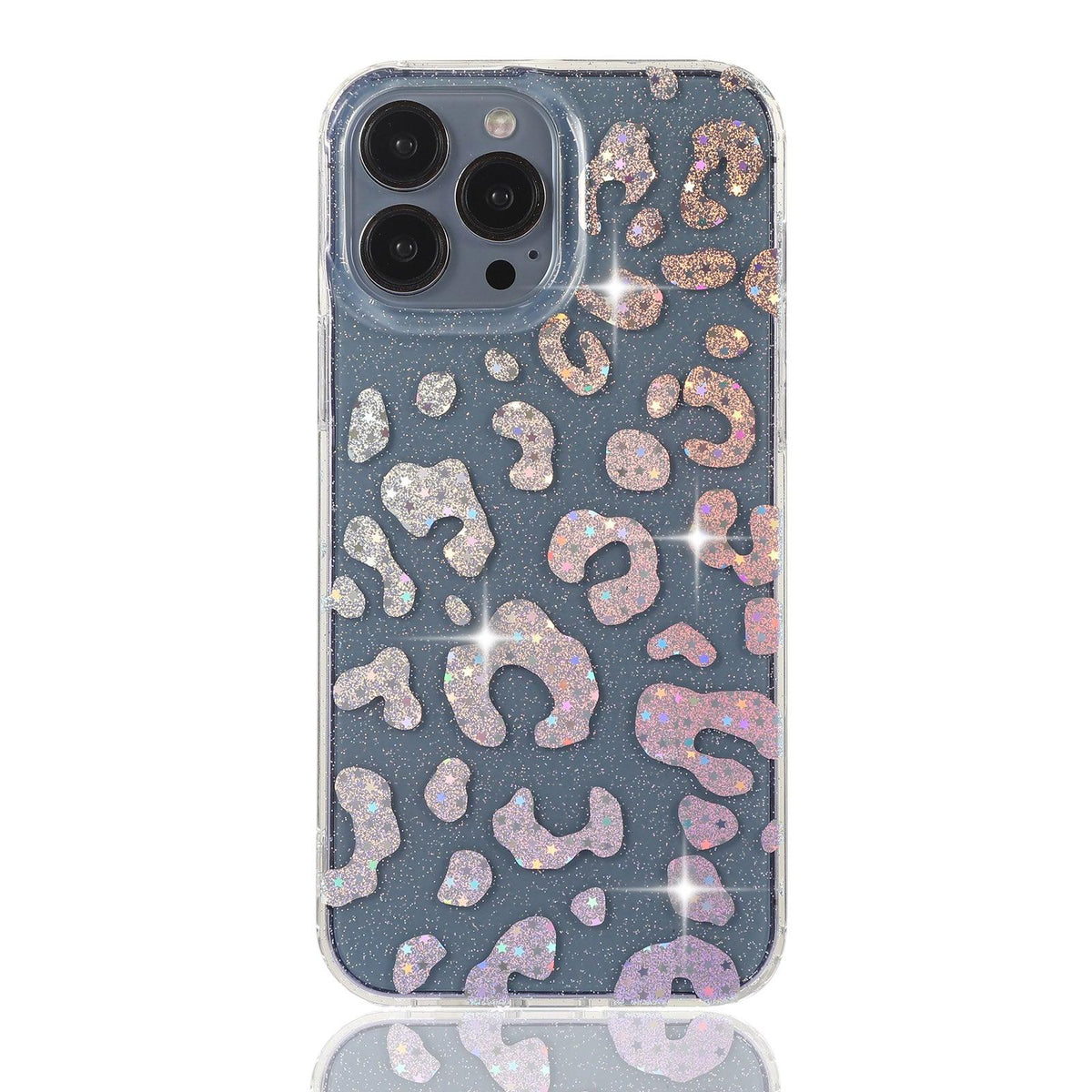 Stylish clear iPhone case featuring a holographic leopard print design with glitter details. The shimmering pattern reflects light beautifully, giving off a stunning iridescent effect. Perfect for those who love bold and trendy accessories while keeping their phone protected in style.