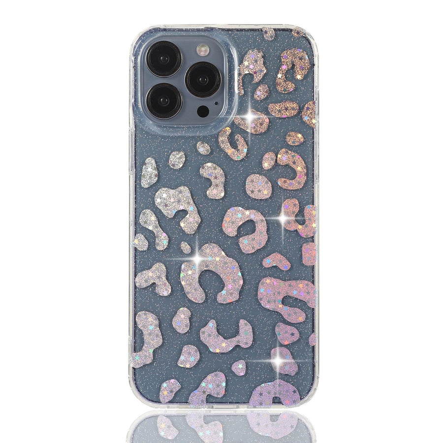 Stylish clear iPhone case featuring a holographic leopard print design with glitter details. The shimmering pattern reflects light beautifully, giving off a stunning iridescent effect. Perfect for those who love bold and trendy accessories while keeping their phone protected in style.